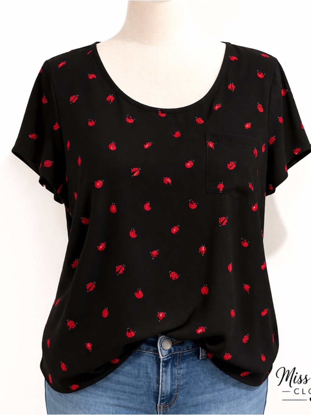 Torrid Black Red Ladybugs Blouse Short Sleeve Flowy Top Plus